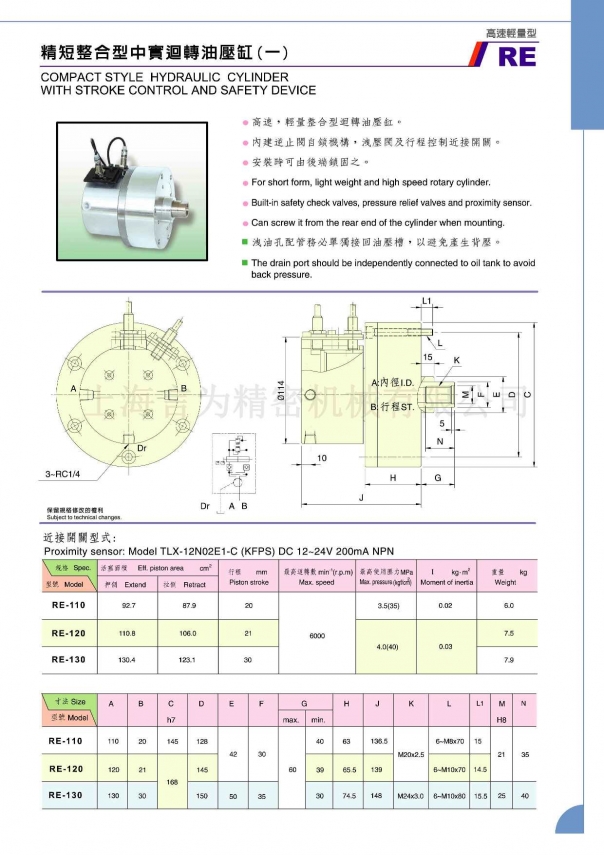 佳賀中實精短整合型回轉油壓缸 RE